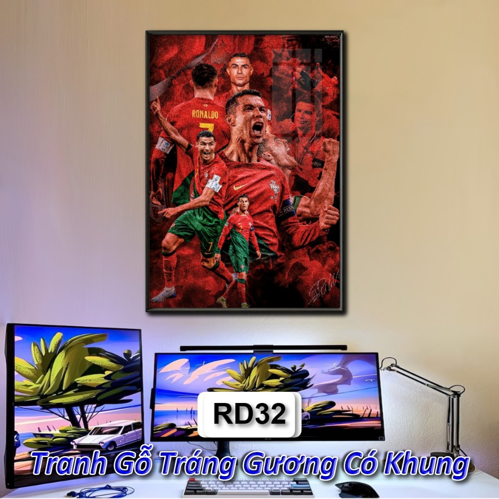 Tranh Cầu Thủ Bóng Đá Cristiano Ronaldo (CR7) Tráng Gương Có Khung Treo Tường Phòng Khách Không Gian Làm Việc, Quà Tặng