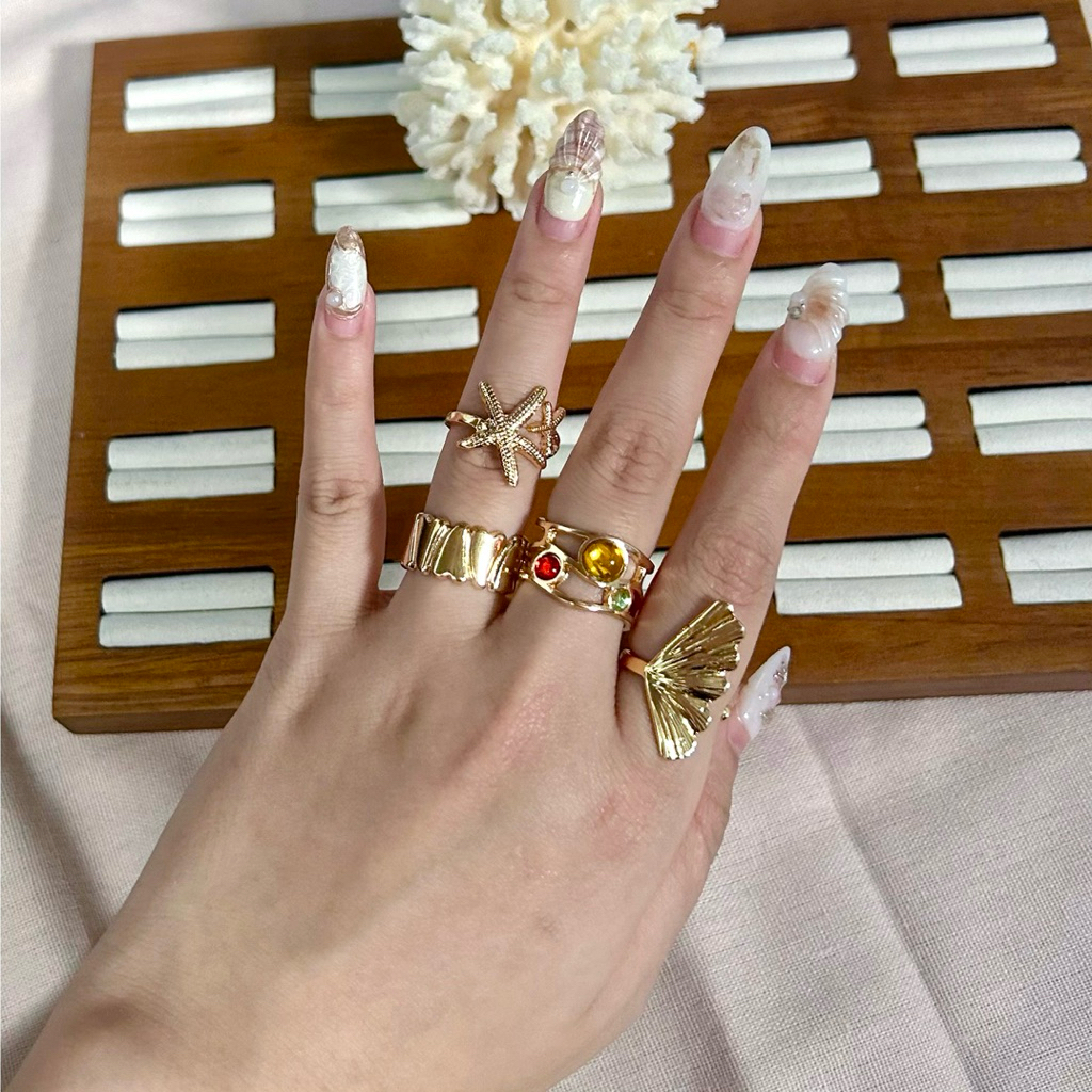 Nhẫn Nữ Set 4 Cái CHUNKY QUEMEO Bộ Nhẫn Nữ 18K Trang Sức Đi Biển Combo Thời Trang