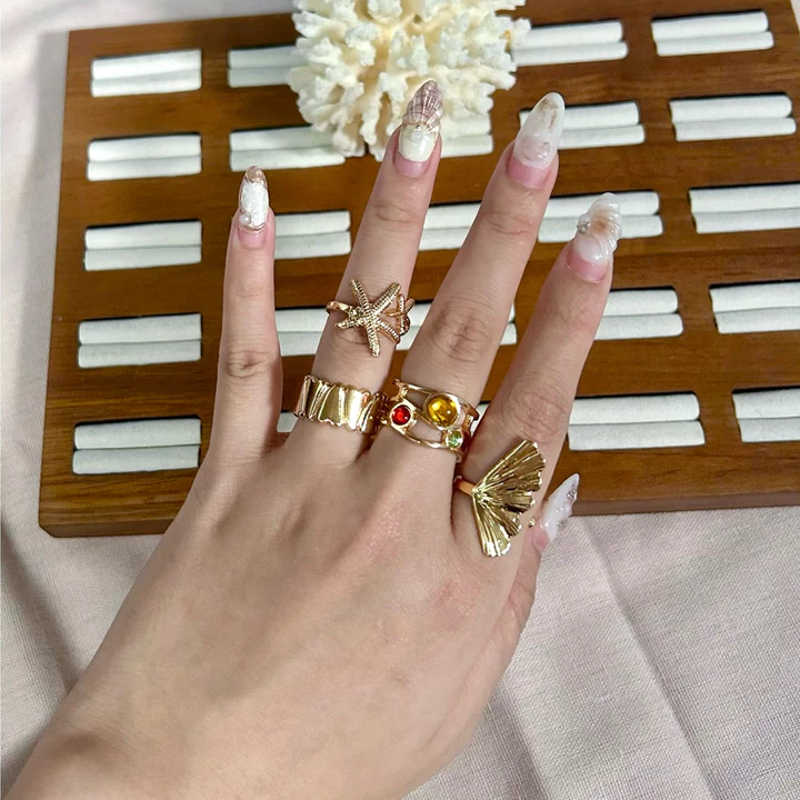 Nhẫn Nữ Set 4 Cái CHUNKY QUEMEO Bộ Nhẫn Nữ 18K Trang Sức Đi Biển Combo Thời Trang