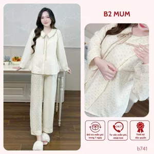 Bộ bầu đũi mềm dáng dài, mặc nhà và sau sinh áo có khóa dọc bé ti quần chun chỉnh bụng B741 B2MUM