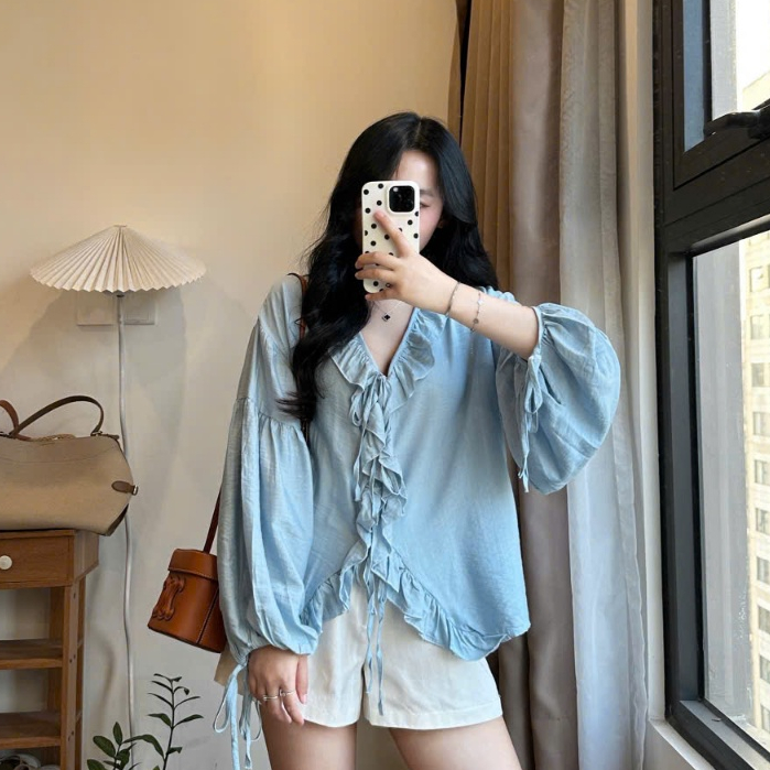 Áo  Sơ Mi Tơ Xước Tay Dài Bèo Nhún Phong Cách Hàn Quốc Thanh Lịch, Nữ Tính JOOLATE 1211_P0k16