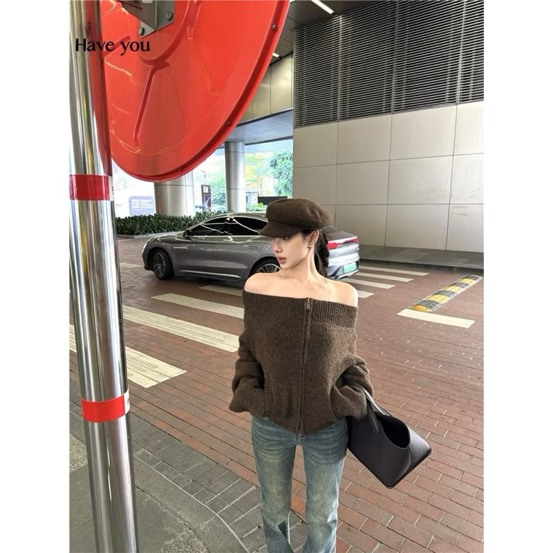 𝑺𝒔𝒖.𝑺𝒕𝒖𝒅𝒊𝒐[CÓ SẴN-SHIP LUÔN] Áo Len Cardigan Tay Dài Trễ Vai Khoá Kéo Thời Trang Thu Đông hàng qc loại 1
