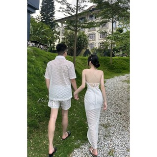 Set đồ đôi váy hai dây ren dáng suông chân chữ A dài kèm áo sơ mi nam xinh xắn tiểu thư cho các cặp – BaoTrang.clothes