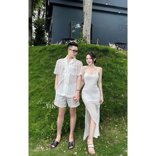 Set đồ đôi váy hai dây ren dáng suông chân chữ A dài kèm áo sơ mi nam xinh xắn tiểu thư cho các cặp – BaoTrang.clothes