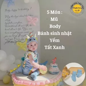 Sẵn Ship Kèm BÁNH SINH NHẬT- Bodysuit Rồng Xanh Dương cover Uhorang kèm mũ yếm và tất xanh em bé Hàn Quốc bé 7-13k