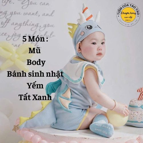 Sẵn Ship Kèm BÁNH SINH NHẬT- Bodysuit Rồng Xanh Dương cover Uhorang kèm mũ yếm và tất xanh em bé Hàn Quốc bé 7-13k