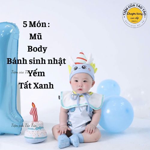 Sẵn Ship Kèm BÁNH SINH NHẬT- Bodysuit Rồng Xanh Dương cover Uhorang kèm mũ yếm và tất xanh em bé Hàn Quốc bé 7-13k