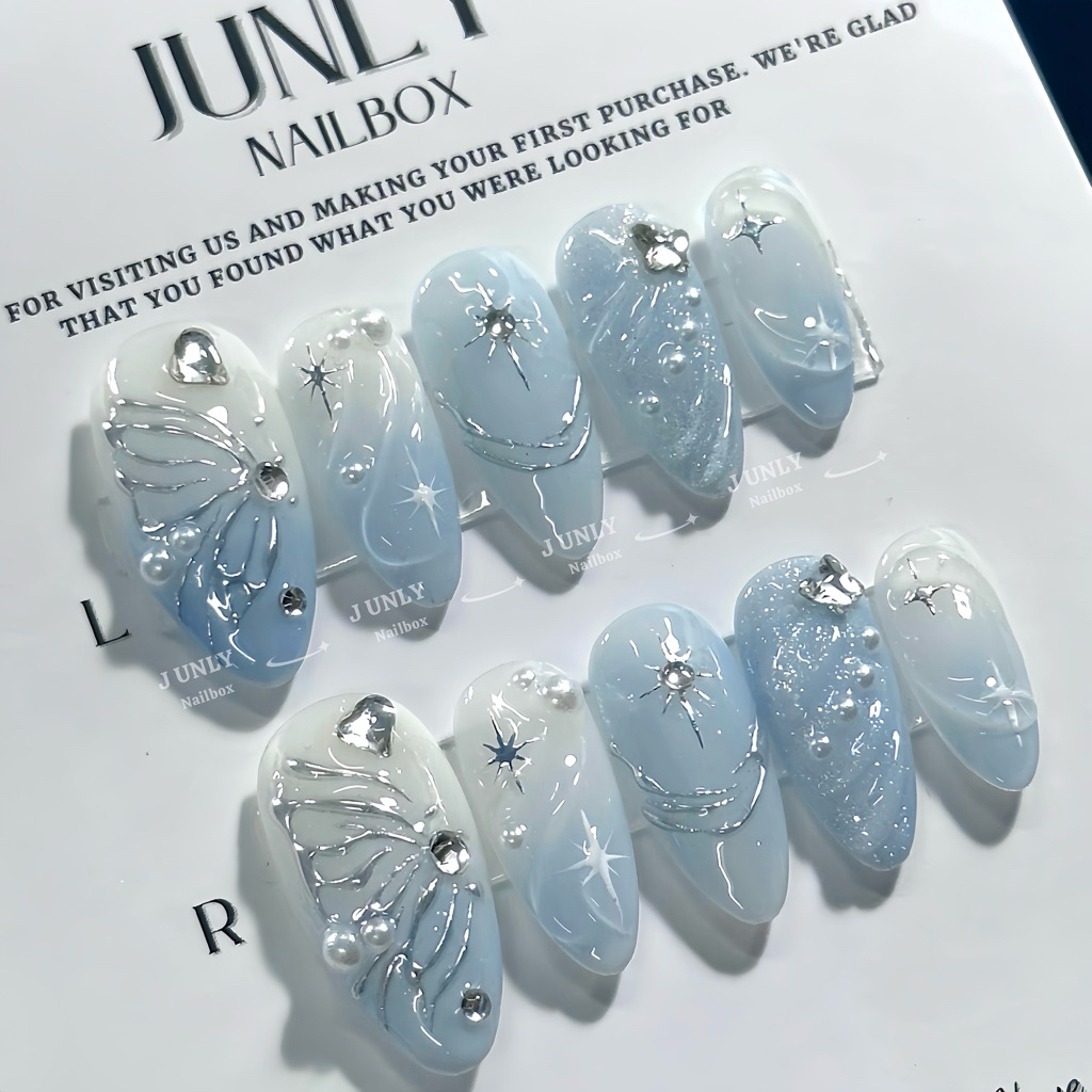 Nailbox tông xanh trắng JUNLY - nail box thiết kế móng giả mắt mèo đính đá cánh bạc siêu sáng 560