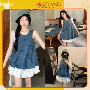 Set Áo Bồng Nơ Kèm Chân Váy Xoè Dáng Ngắn Chất Vải Jean, Set Đồ Nữ Tiểu Thư Đi Chơi Dự Tiệc