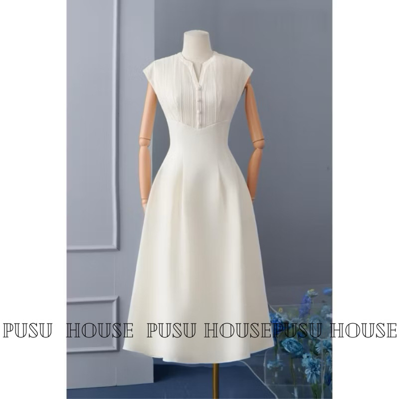[Hàng sẵn-y hình ]Đầm dự tiệc dáng dài phối ren cổ trụ 2 túi siêu sang- PUSU house