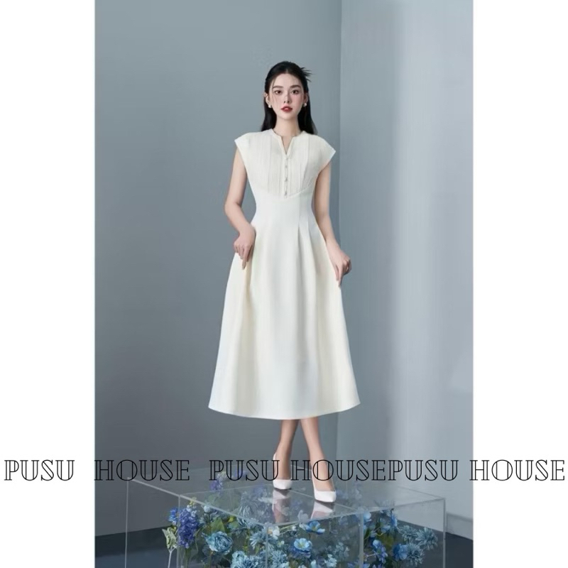 [Hàng sẵn-y hình ]Đầm dự tiệc dáng dài phối ren cổ trụ 2 túi siêu sang- PUSU house