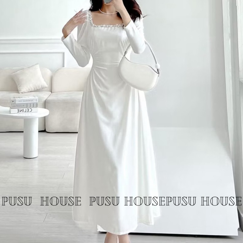 Đầm dự tiệc tay dài nhún eo tôn dáng cổ vuông sang trọng - pusu house