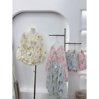 Set Bộ Đồ Nữ Hoa Bướm Gấm Lông Áo Tay Bồng Cổ Tròn Dây Nơ Mix Quần Sooc Đùi Ống Rộng
