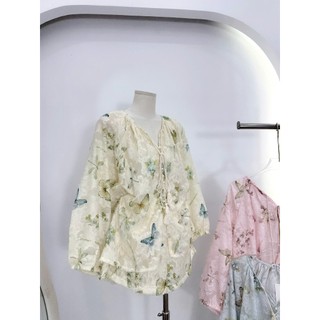 Set Bộ Đồ Nữ Hoa Bướm Gấm Lông Áo Tay Bồng Cổ Tròn Dây Nơ Mix Quần Sooc Đùi Ống Rộng
