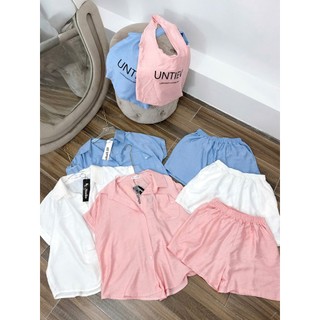 Set Bộ Đồ Nữ 3 Món Tơ Đũi Nhăn Mềm Áo Sơ Mi Ngắn Tay Túi Ngực Kèm Túi Đeo Vai Mix Quần Sooc Đùi Ống Rộng Freesize