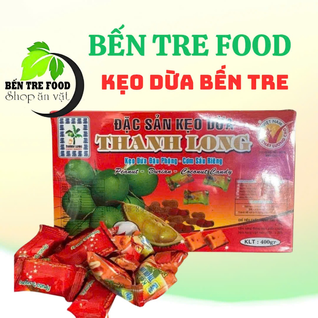 Kẹo dừa đậu phộng sầu riêngThanh Long loại đặt biệt hộp 400gr- Đặc Sản Bến Tre Shop