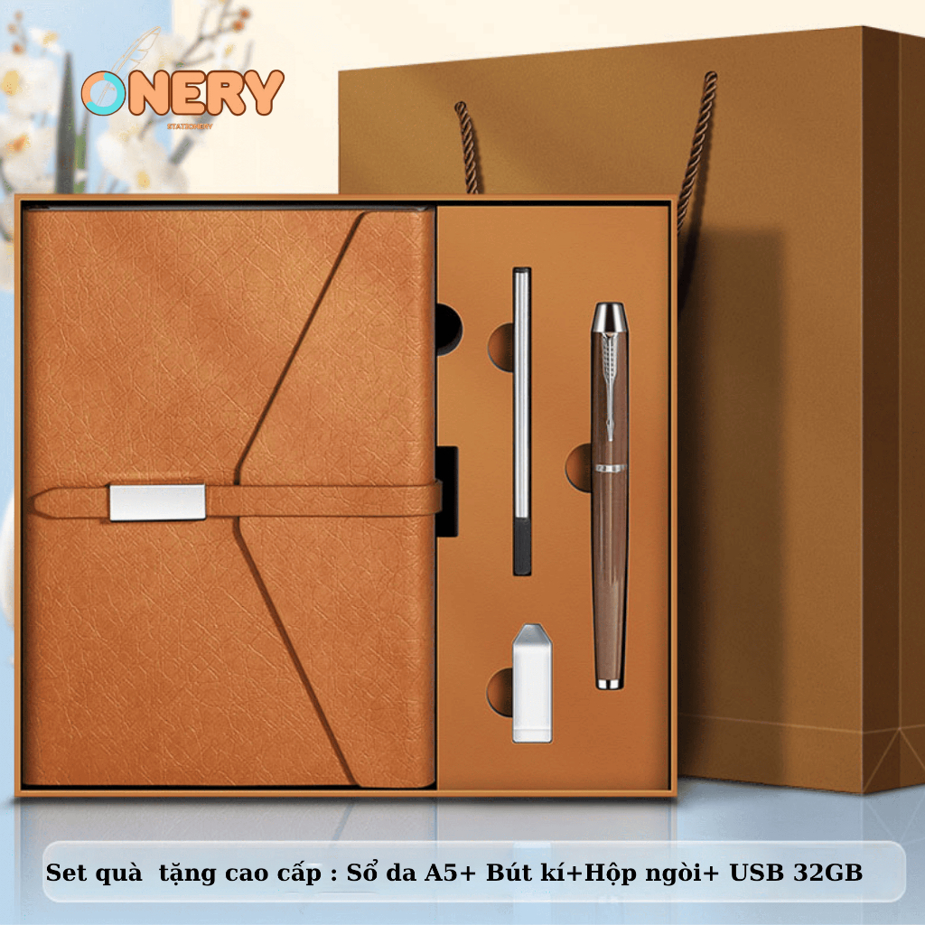 Sét quà tặng Sổ tay da kèm bút kí, hộp ngòi và usb khổ A5 quà tặng cao cấp sang trọng có khắc tên và logo theo yêu cầu