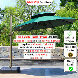 Ô Dù Lệch Tâm Tròn 3x3m Cao Cấp Có Đế Nhựa và Đế Inox–Xoay 360° Che Nắng Sân Vườn, Quán Cafe, Hồ Bơi