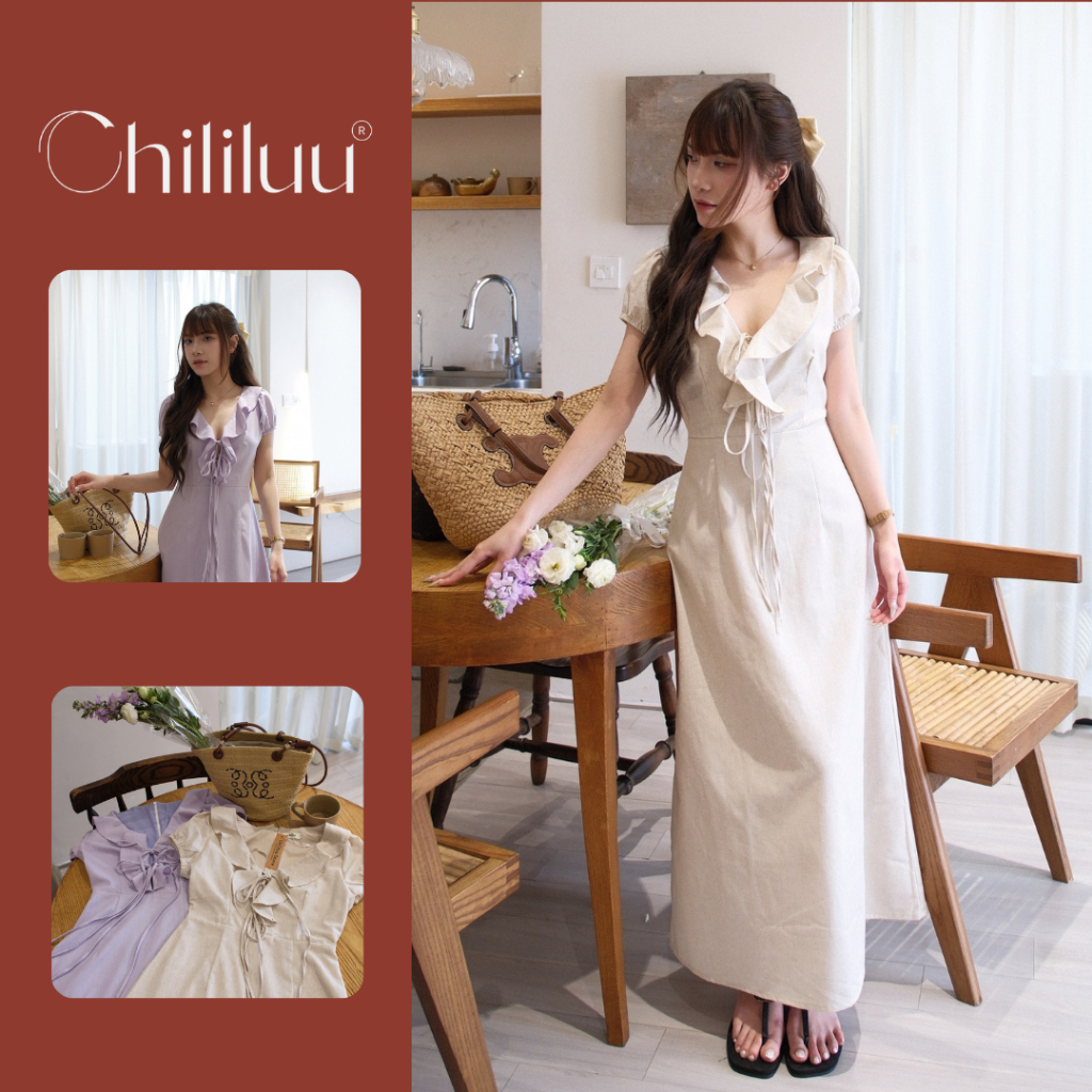 XẢ HÀNG - Đầm maxi nữ Chililuu váy dài chiết eo cổ xẻ cách điệu hai lớp phong cách tiểu thư thanh lịch