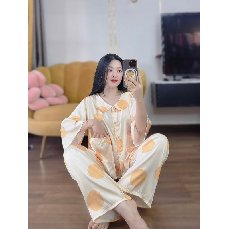 45-65kg bộ pijama cổ sen tay loe hoạ tiết vải latin mát mềm
