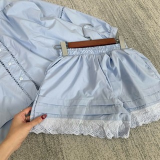 Set Bộ Đồ Nữ Xanh Dương Áo Thô Nến Tay Bồng Phối Ren Cài Cúc Mix Quần Sooc Đùi Ống Rộng Viền Ren Freesize