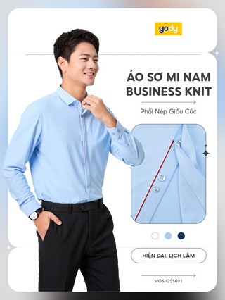 ⚡T5 199K⚡ Áo sơ mi nam YODY business chất liệu Knit co giãn đàn hồi phối nép giấu cúc tinh tế MOSH25S091