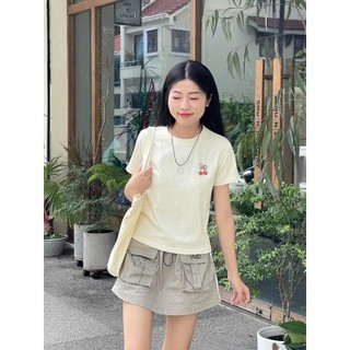 Áo Baby Tee Cổ Tròn Phối Họa Tiết Quả Cherry Đỏ Trẻ Trung Sành Điệu Chất Liệu Cotton Mùa Hè Thoáng Mát Mền Mịn