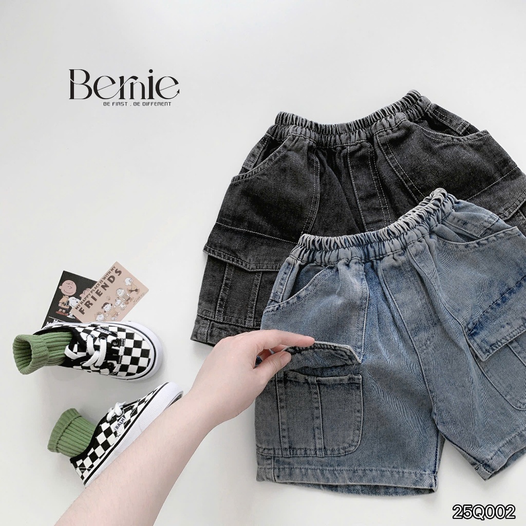 Quần sóc jeans bé trai, quần đùi bò túi hộp cá tính cho bé