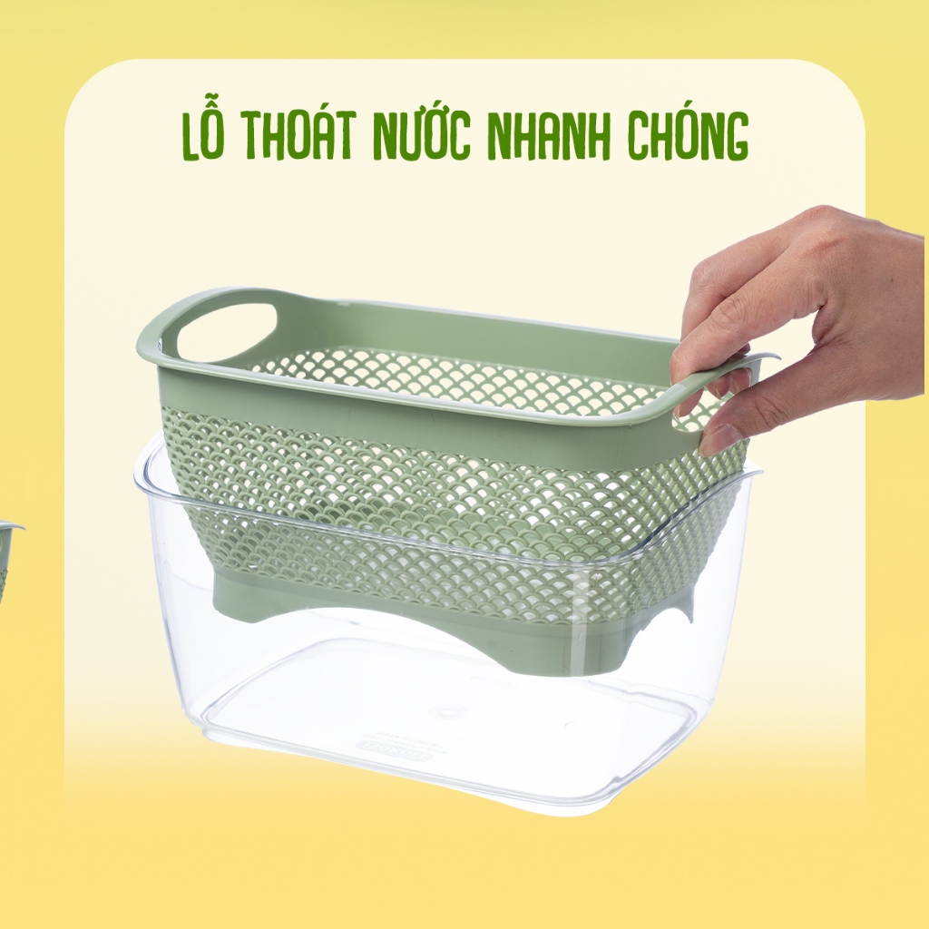 Bộ chậu rổ chữ nhật Hokori, Bộ rổ kèm chậu hứng nước rửa rau củ đựng hoa quả trái cây Việt Nhật cao cấp GD Việt Nhật