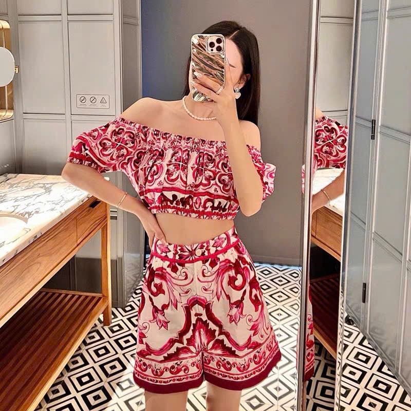 set áo trễ vai và váy quần Hồng xinh nhiều mẫu