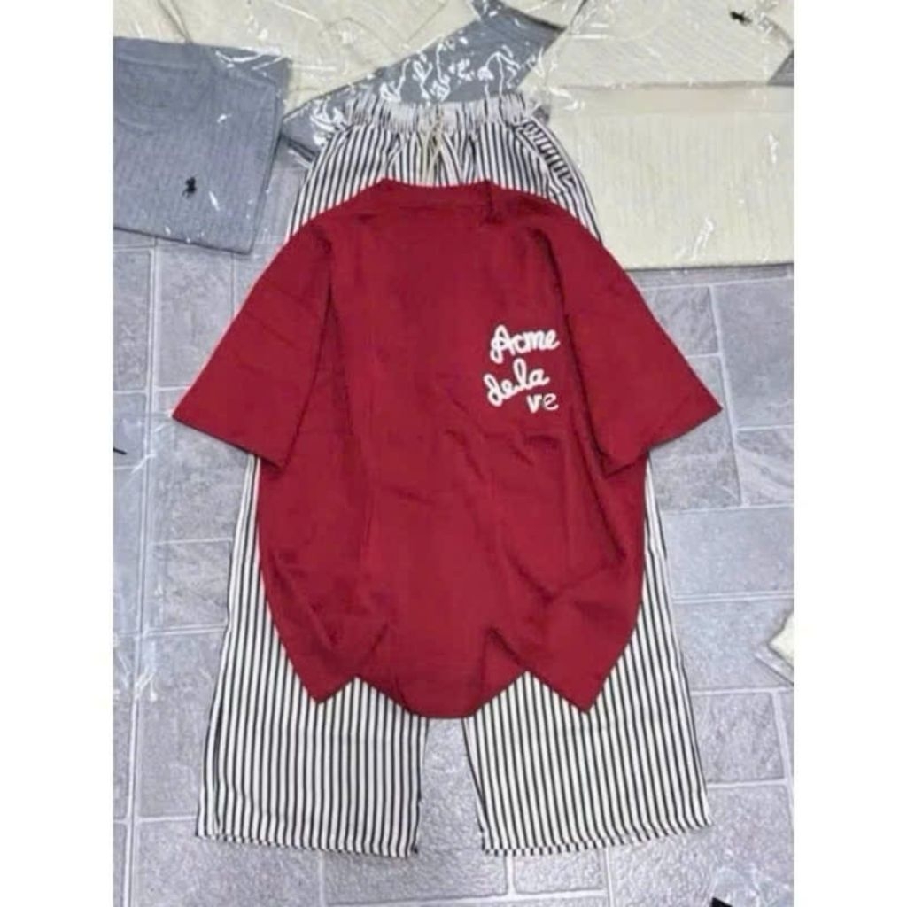 Sét bộ áo thun su+ mix quần suông kẻ sọc form rộng