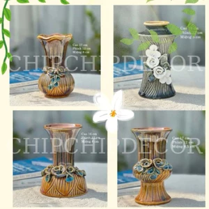 Bình Hoa Gốm Sứ Bát Tràng Men Vàng Chảy Đắp Nổi Mini - Lọ Cắm Hoa Decor Để Bàn Xinh