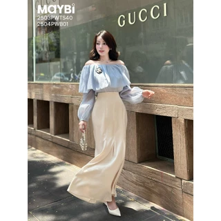 Chân váy đuôi cá cotton hàn kem dáng midi Maybi