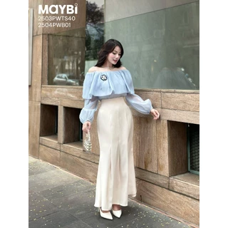 Áo kiểu bẹt vai voan xanh tay dài Maybi