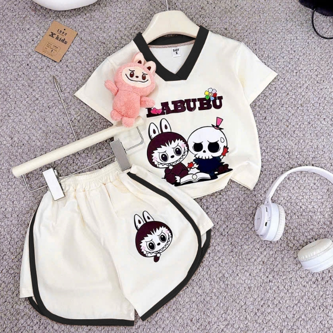 10-45KG.Sét bộ cộc tay cho bé gái (không kèm gấu) in hình labubu vải cotton.M14