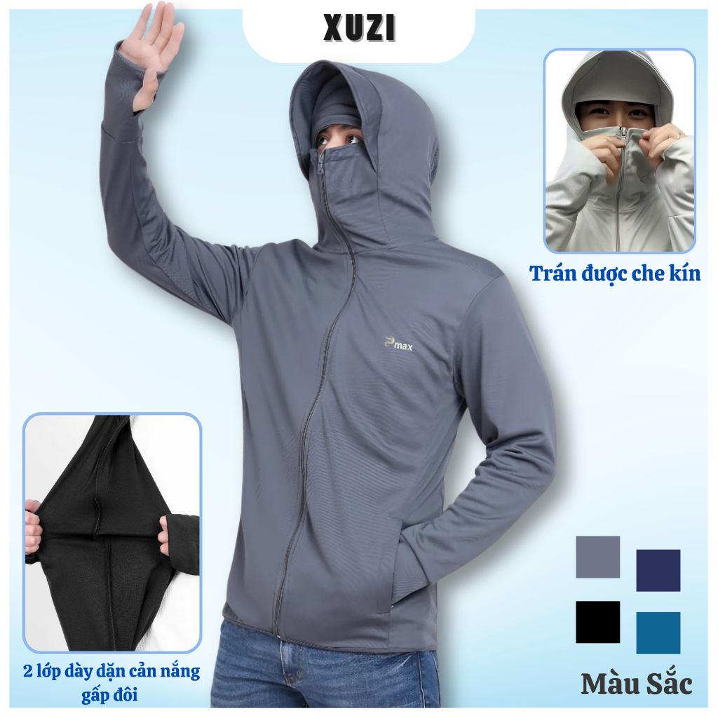 Áo chống nắng nam 2 lớp XUZI có che trán , áo khoác chống nắng có thiết kế thông hơi thoáng khí phần nách cản tia UV 50+