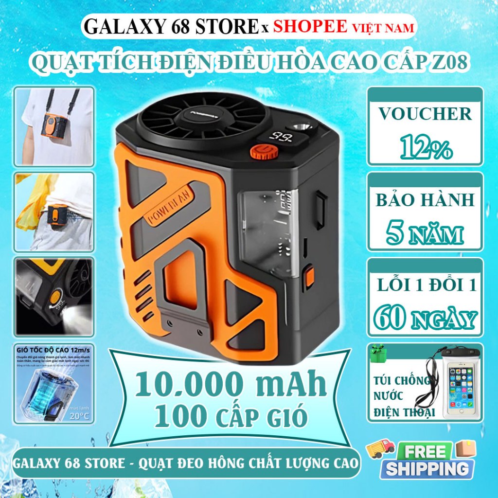 Quạt Tích Điện 100 Cấp Độ Gió Z08 10000mAh, Quạt Điều Hòa Mini Đeo Hông ...