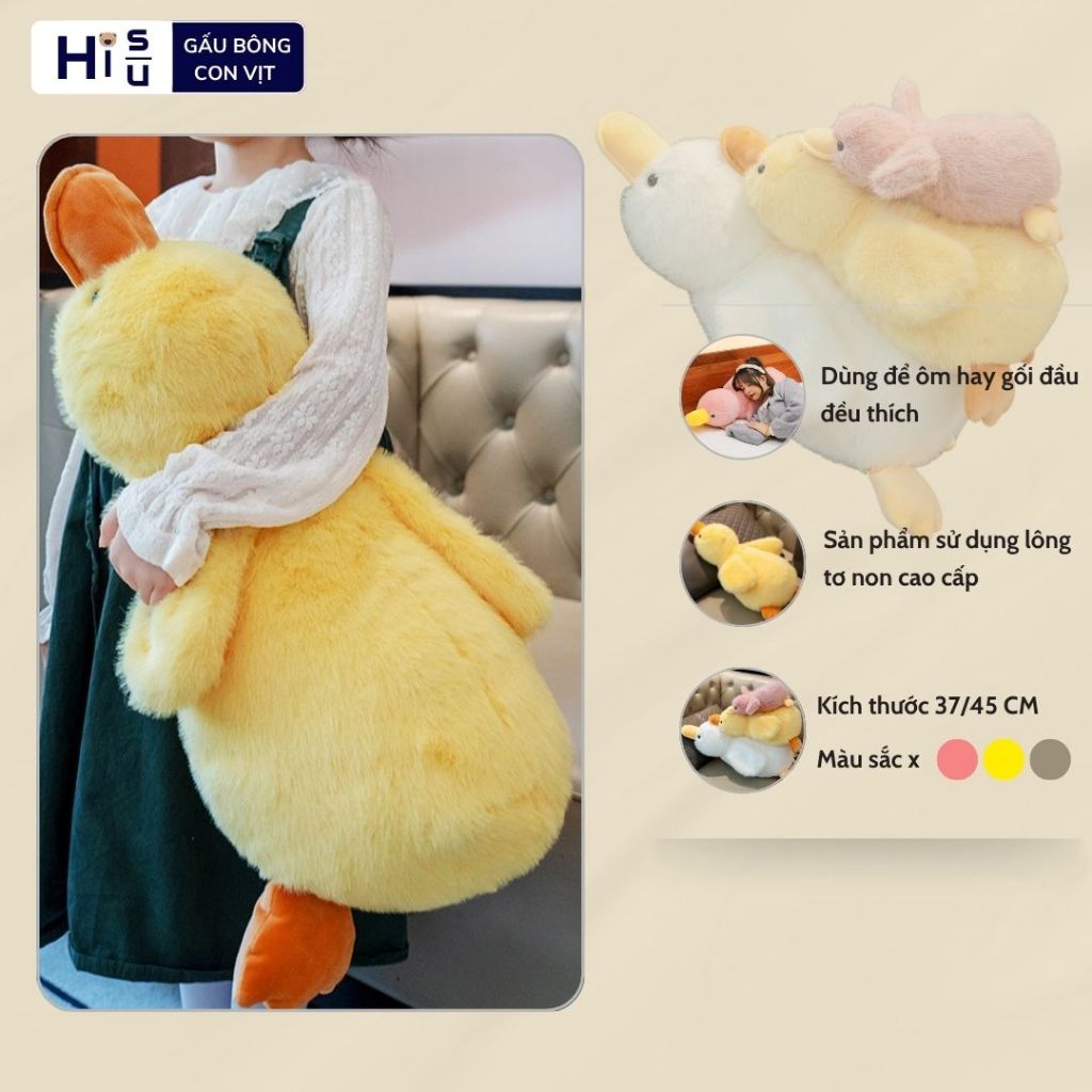 Gấu bông vịt bông dáng nằm lông tơ cao cấp, Thú nhồi bông vịt dễ thương dùng để ôm hay gối đầu ngủ