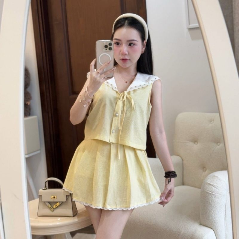 Set đồ nữ áo thuỷ thủ đính nơ mix chân váy xờ xếp ly cạp chun, đồ bộ nữ trẻ trung dễ thương HCOM26065
