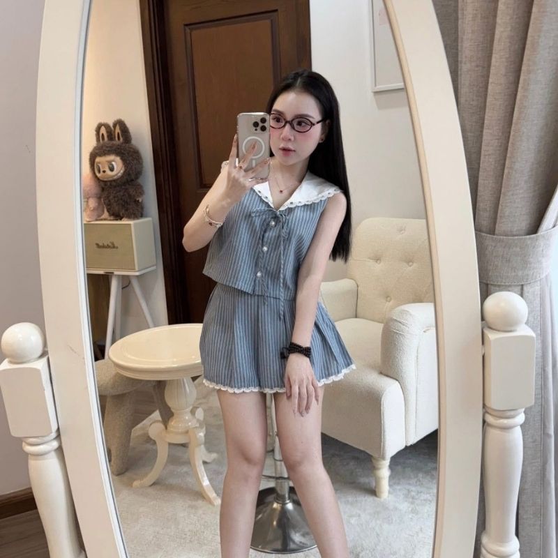 Set đồ nữ áo thuỷ thủ đính nơ mix chân váy xờ xếp ly cạp chun, đồ bộ nữ trẻ trung dễ thương HCOM26065