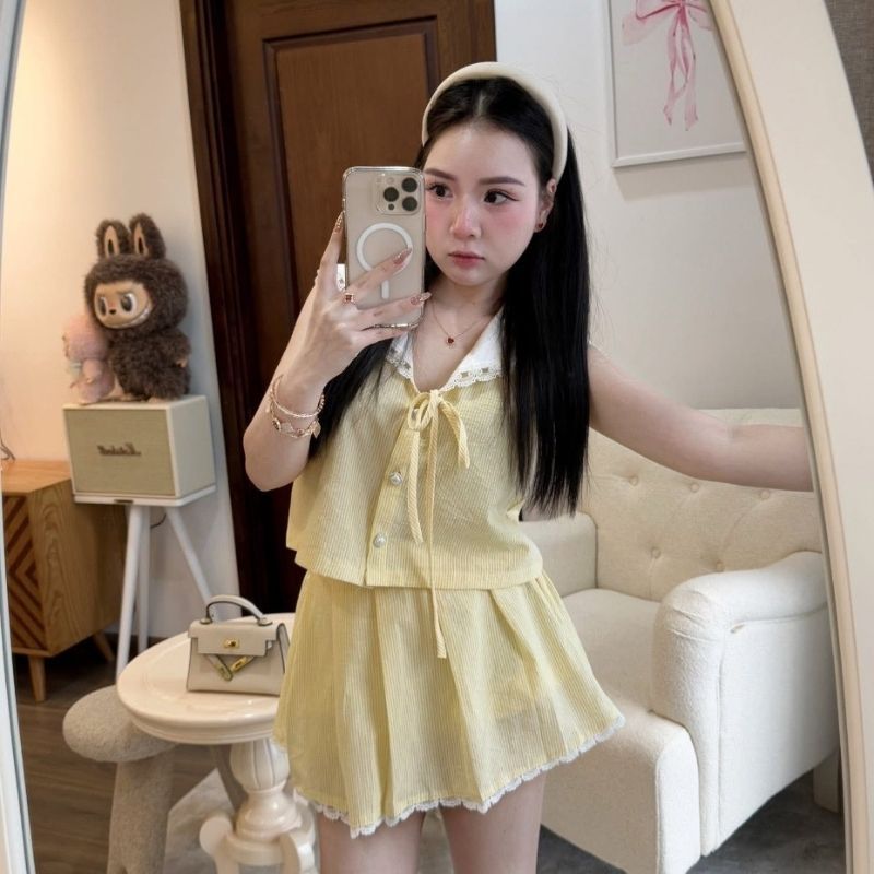 Set đồ nữ áo thuỷ thủ đính nơ mix chân váy xờ xếp ly cạp chun, đồ bộ nữ trẻ trung dễ thương HCOM26065