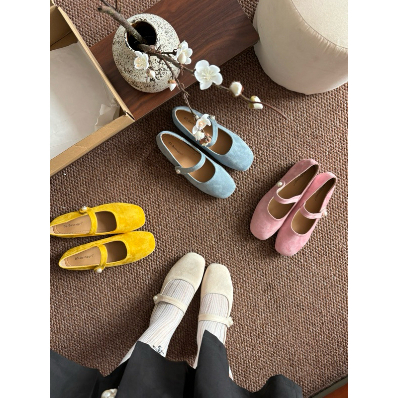 Giày Búp Bê Nữ Nhung Mũi Tròn Quai Ngọc – Phong Cách Tiểu Thư Vintage | Soft Suede 2025