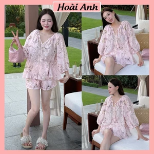 Set Bộ Đồ Nữ Hoa Bướm Gấm Lông Áo Tay Bồng Cổ Tròn Dây Nơ Mix Quần Sooc Đùi Ống Rộng
