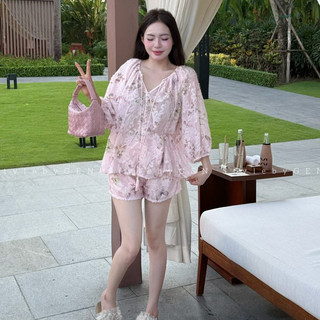 Set Bộ Đồ Nữ Hoa Bướm Gấm Lông Áo Tay Bồng Cổ Tròn Dây Nơ Mix Quần Sooc Đùi Ống Rộng
