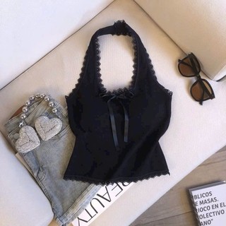 Áo Croptop Nữ Cổ Yếm Viền Ren Đính Nơ Tăm Thái Chất Vải Thun WAC007