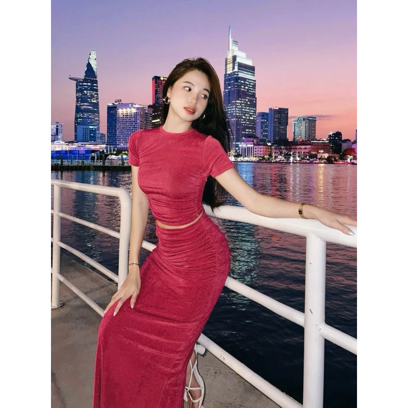 Set bộ nữ đi chơi thun ánh kim ôm body chân váy dài - PUSU HOUSE