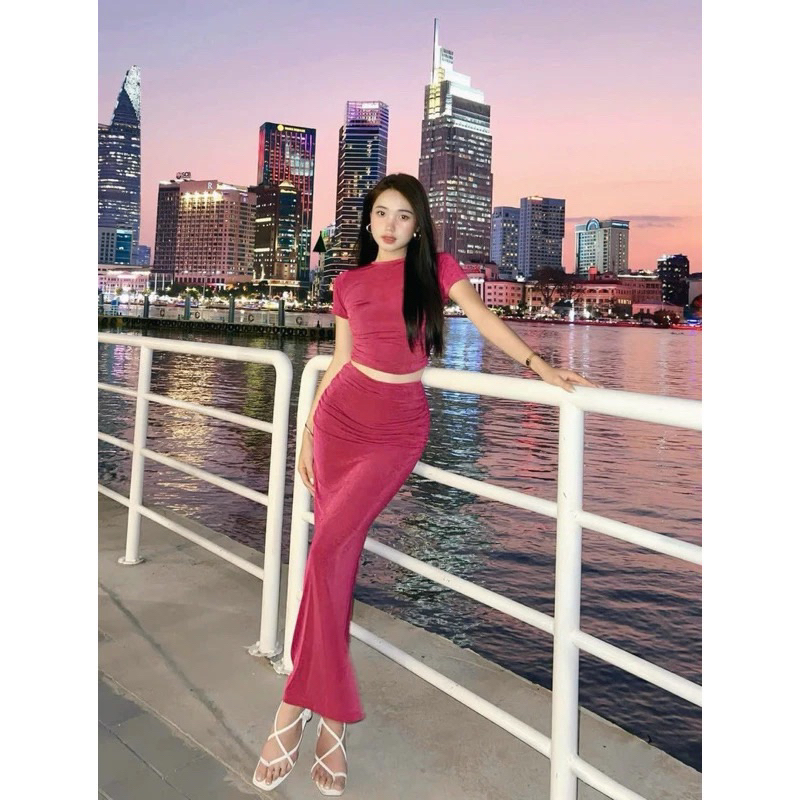 Set bộ nữ đi chơi thun ánh kim ôm body chân váy dài - PUSU HOUSE