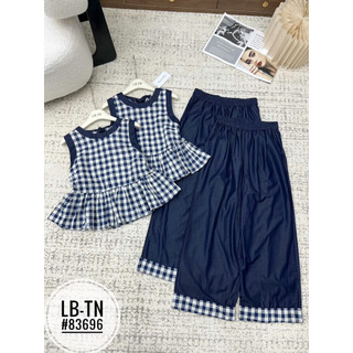 Sét áo babydoll sát nách ker caro buộc nơ lưng + quần xuông bò giấy #83696