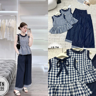 Sét áo babydoll sát nách ker caro buộc nơ lưng + quần xuông bò giấy #83696