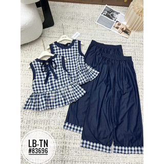 Sét áo babydoll sát nách ker caro buộc nơ lưng + quần xuông bò giấy #83696